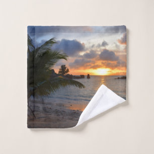 Tropical Seychelles Island Palm Tree Beach Sunset Wash Cloth