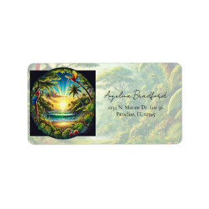 Tropical Shoreline Macaws Palm Trees Exotic Plants Label