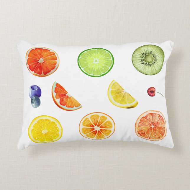 “Tropical Slice Symphony – Watercolor Fruit Art” Accent Pillow (Front)