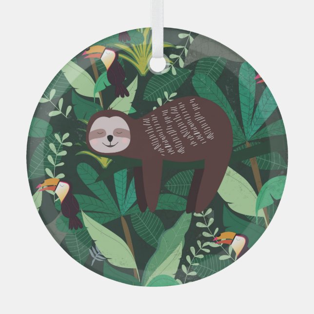 Tropical Sloth: Cartoon Seamless Pattern Glass Ornament (Front)