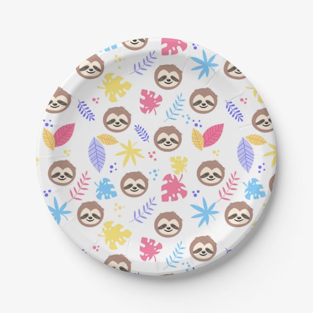 Tropical Sloth & Leaves Pattern Paper Plate (Front)