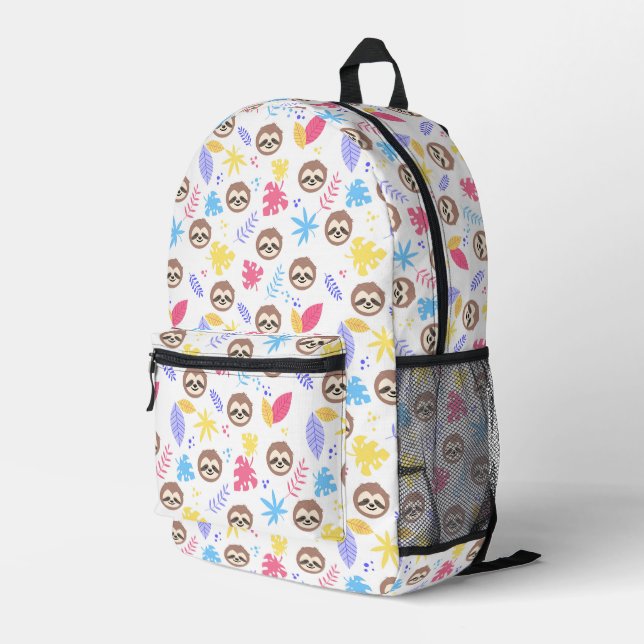 Tropical Sloth & Leaves Pattern Printed Backpack (Back Corner Right)