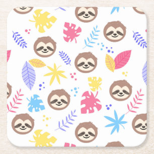 Tropical Sloth & Leaves Pattern Square Paper Coaster