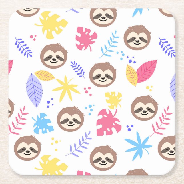 Tropical Sloth & Leaves Pattern Square Paper Coaster (Front)