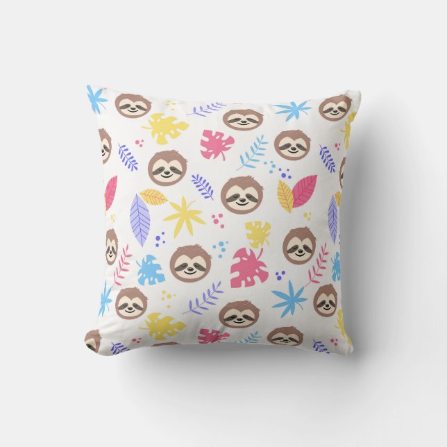 Tropical Sloth & Leaves Pattern Throw Pillow (Front)