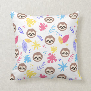Tropical Sloth & Leaves Pattern Throw Pillow