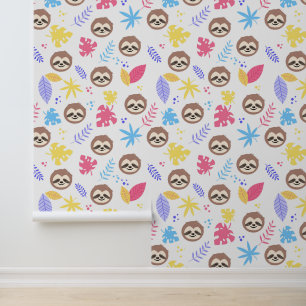 Tropical Sloth & Leaves Pattern Wallpaper