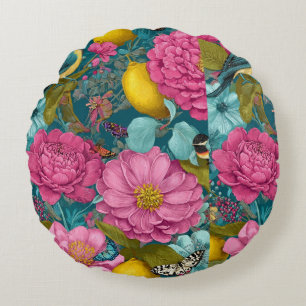 Tropical Songbird Pink Peony & Citrus Seamless Pat Round Pillow