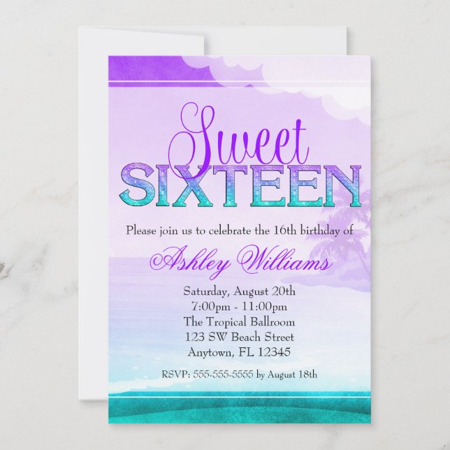 Tropical Sparkle Purple Aqua Sweet 16 Invitation (Front)