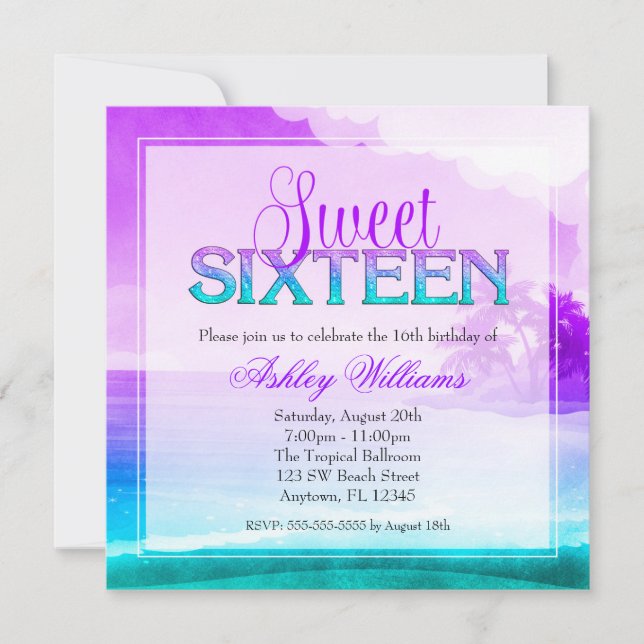 Tropical Sparkle Purple Aqua Sweet 16 Invitation (Front)