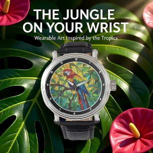 Tropical Splendour" - Stained Glass Macaw Watch