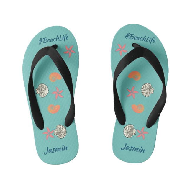 Tropical Starfish and Seashells Ocean Beach Life Kid's Flip Flops (Footbed)