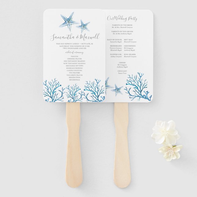 Tropical Starfish Coral Wedding Program Fan (Front and Back)