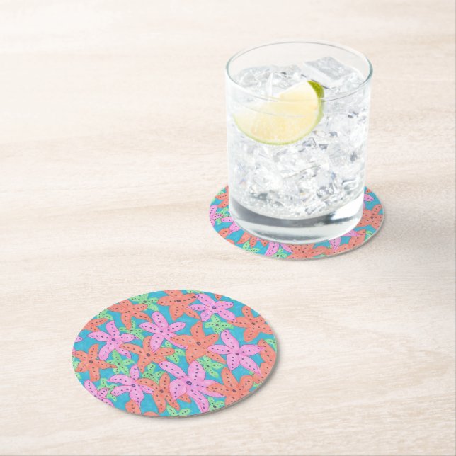 Tropical Starfish Pattern Round Paper Coaster (Insitu)
