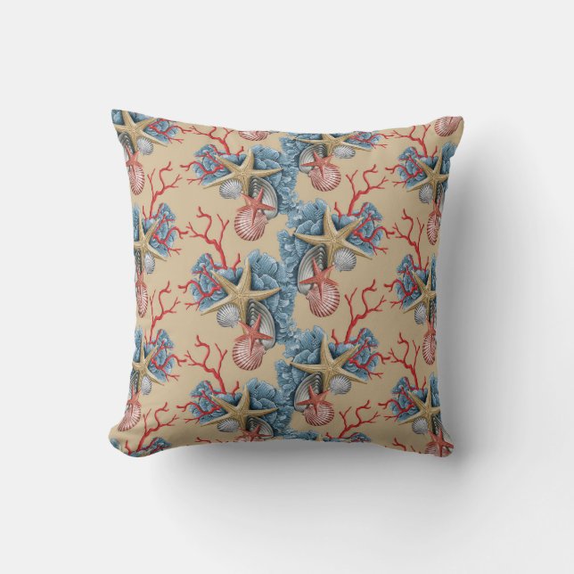 Tropical Starfish Shells Coral Blue Tan Copper Throw Pillow (Front)