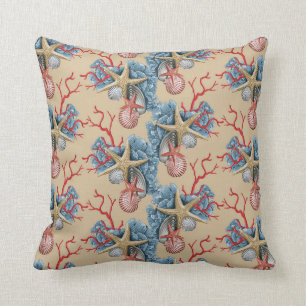 Tropical Starfish Shells Coral Blue Tan Copper Throw Pillow