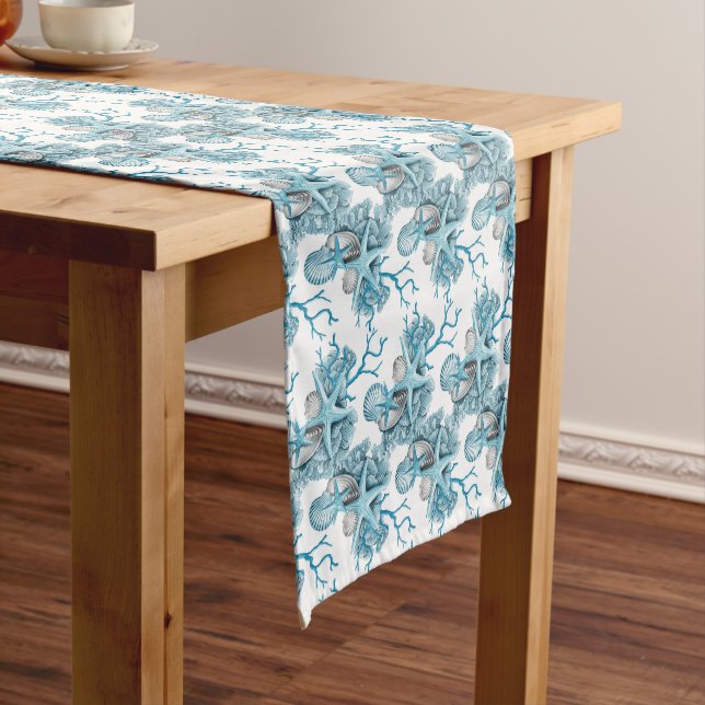 Tropical Starfish Shells Coral Blue White Silver Short Table Runner (In Situ)