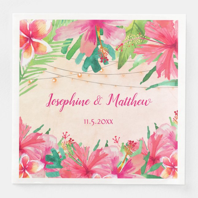 Tropical String Lights Floral Watercolor Wedding Napkin (Front)
