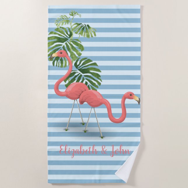 Tropical ,Striped ,Flamingos-Personalized Beach Towel (Front)