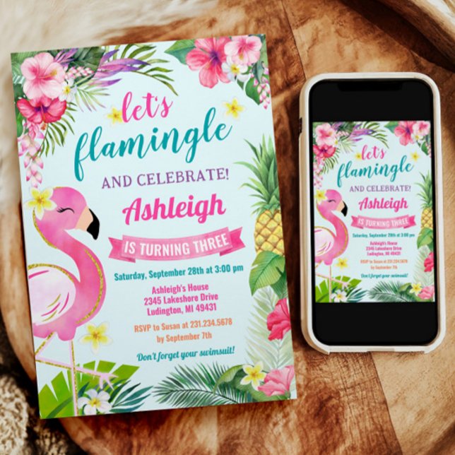 Tropical Summer 3e anniversaire Invitation (Summer Tropical Flamingo 3rd Birthday Invitation.)