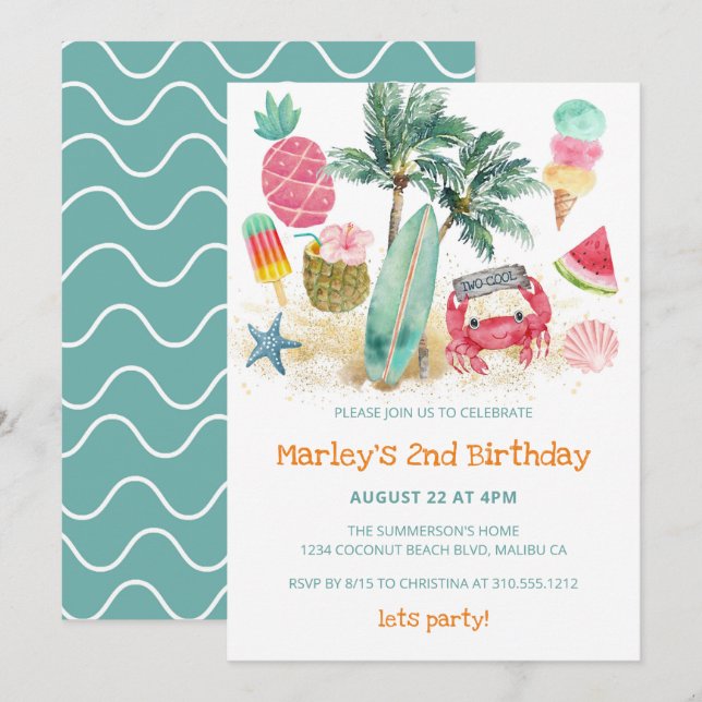 Tropical Summer Beach 2nd Birthday Party Invitation (Front/Back)