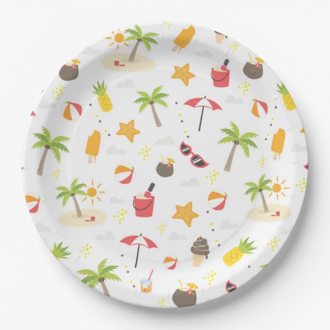 Tropical Summer Beach Vacation Pattern Design Paper Plate (Front)