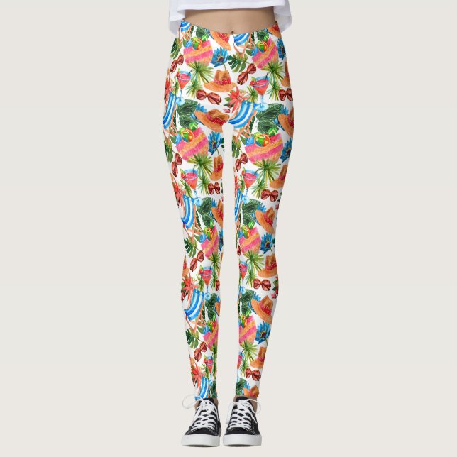 Tropical Summer Beach Vacation Pattern Leggings (Front)