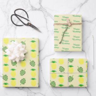 Tropical Summer Birthday Pineapple and Palm Leaves Wrapping Paper Sheet