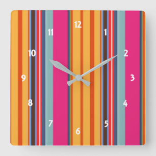 Tropical Summer Bright Colorful Stripe Pattern Square Wall Clock