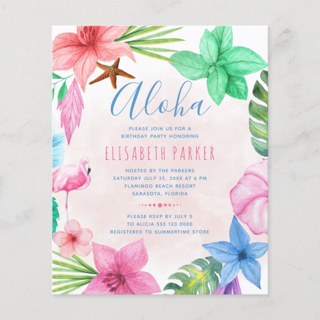 Tropical summer budget birthday party invitation flyer (Front)