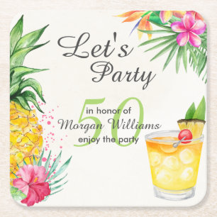 Tropical Summer Cocktail 50th Birthday Party Square Paper Coaster