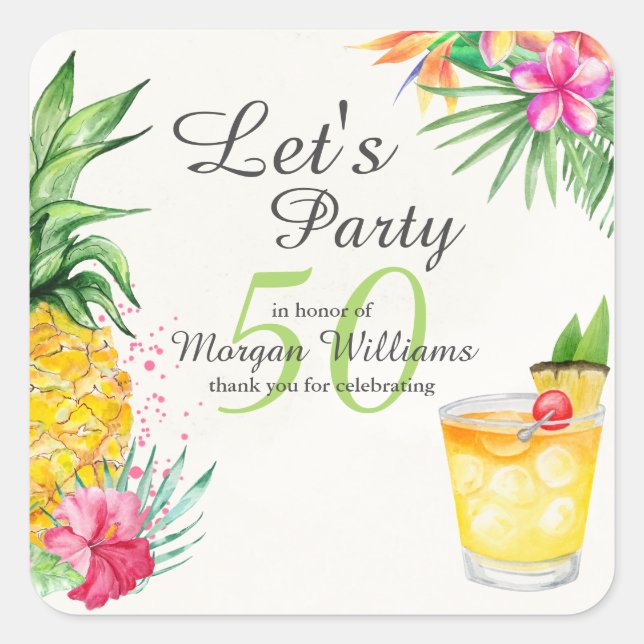 Tropical Summer Cocktail 50th Birthday Party Square Sticker (Front)
