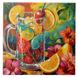 Tropical Summer Cocktail Impasto Oil Painting Tile