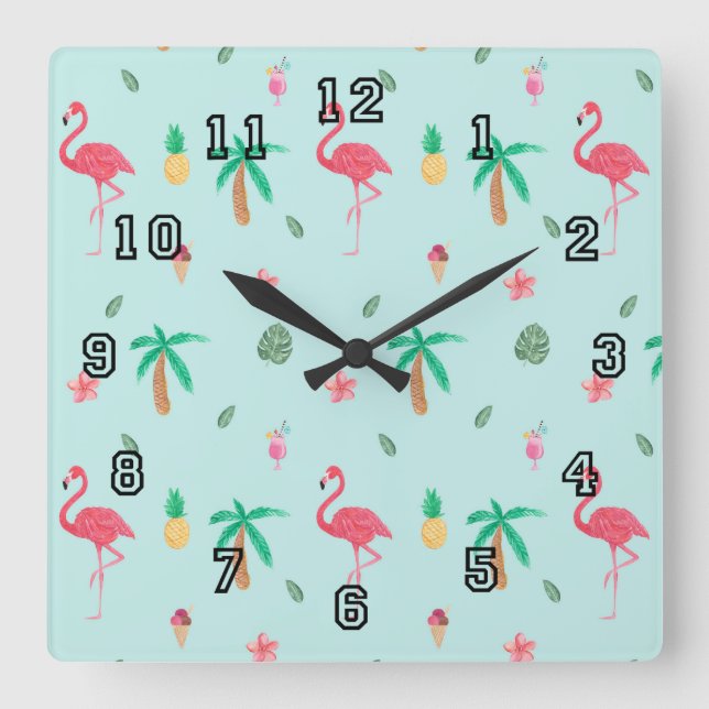 Tropical Summer Flamingo Blue Bedroom Collection Square Wall Clock (Front)
