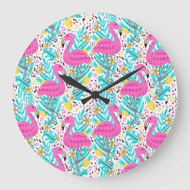 Tropical Summer Flamingo: Bright Pattern Elements Large Clock (Front)