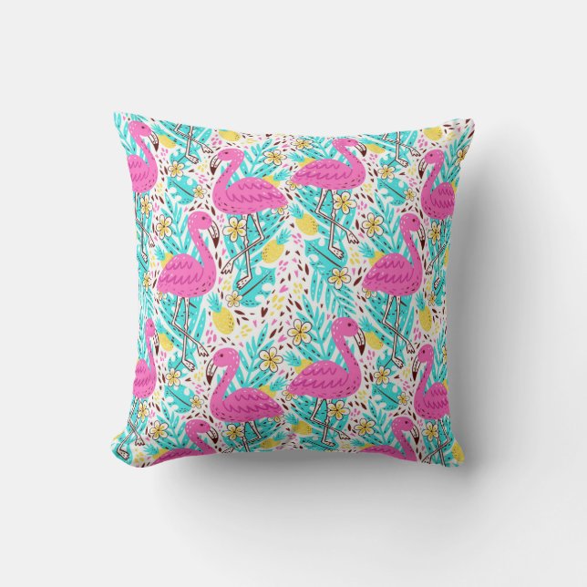 Tropical Summer Flamingo: Bright Pattern Elements Throw Pillow (Front)