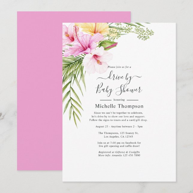 Tropical Summer Floral Drive By Shower Invitation (Front/Back)