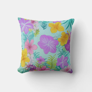 Tropical Summer Floral Pattern - Bright Hibiscus  Throw Pillow
