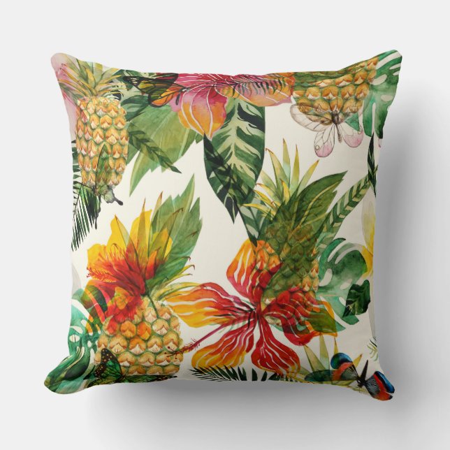 Tropical Summer Flowers and Pineapple Pattern Throw Pillow (Front)