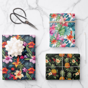 Tropical Summer Flowers Leaves Pinapple Print Gift Wrapping Paper Sheet
