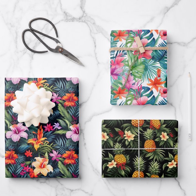 Tropical Summer Flowers Leaves Pinapple Print Gift Wrapping Paper Sheet (Front)