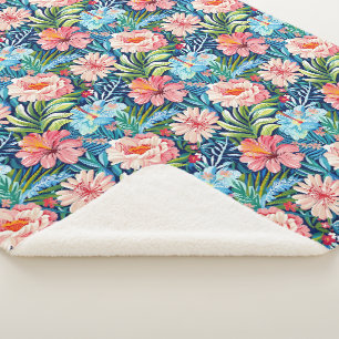 Tropical Summer Flowers Pattern Pretty Floral Sherpa Blanket