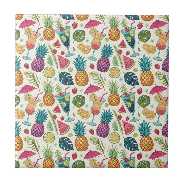 Tropical Summer Fruits & Cocktail Party Pattern Tile (Front)