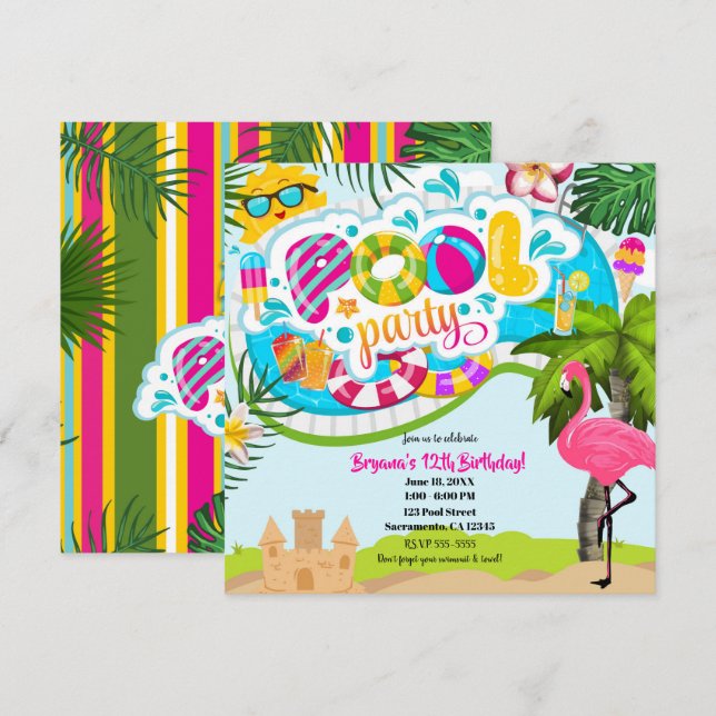 Tropical Summer Fun Pool Party Swim Birthday Invitation (Front/Back)