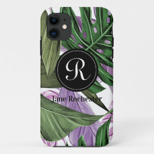 Tropical Summer Green Purple Leaves Monogram iPhone 11 Case