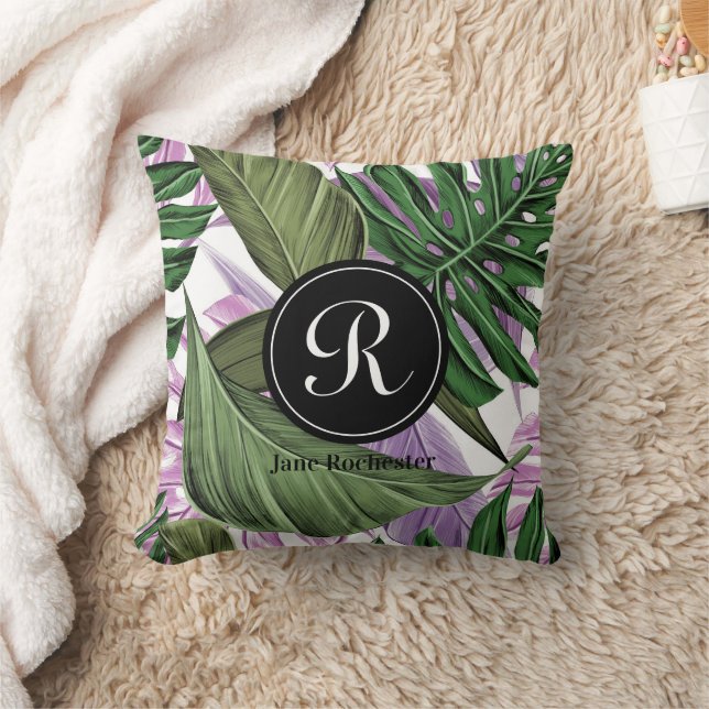 Tropical Summer Green Purple Leaves Monogram Throw Pillow (Blanket)