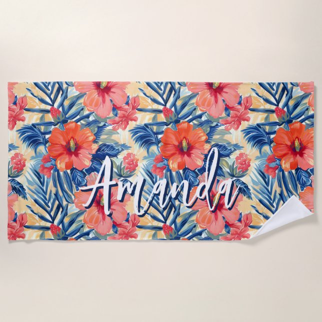 Tropical Summer Hibiscus Flowers Pattern Floral Beach Towel (Front)