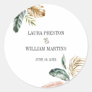 Tropical Summer Leaves Wedding Classic Round Sticker