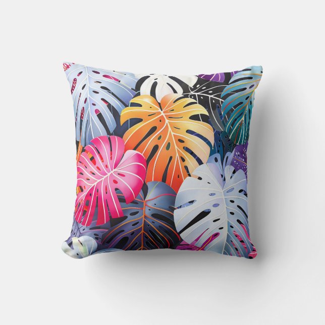 Tropical Summer Monstera Leaves Throw Pillow (Front)