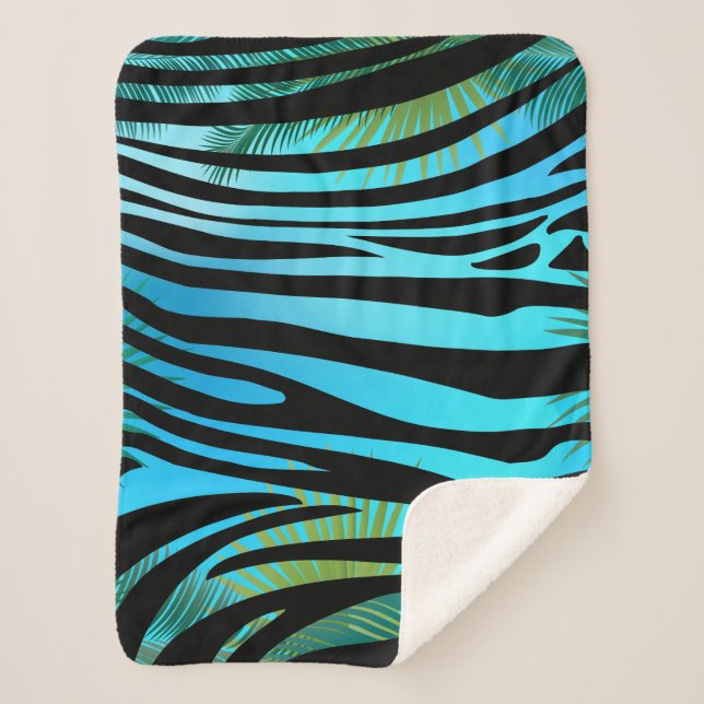 Tropical Summer palm leaves & Zebra stripes Sherpa Blanket (Front)